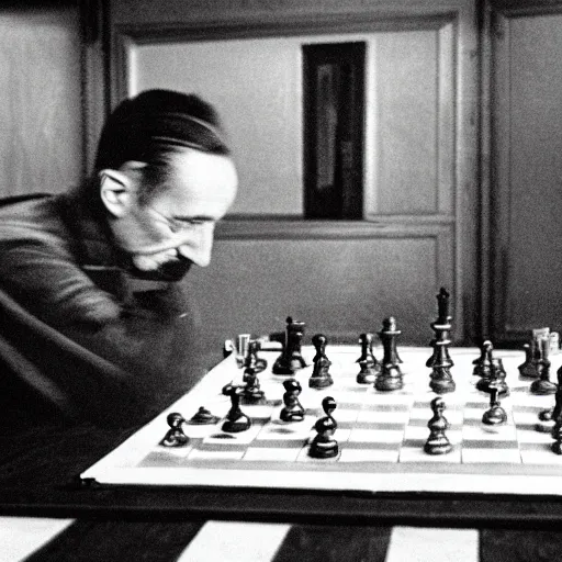 Image similar to a long exposure shot of Marcel Duchamp working on a chess readymade object, archival pigment print