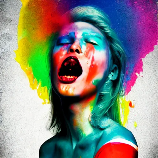 Image similar to beautiful albino woman vomiting rainbows, unral engine octane, colorful, darkart