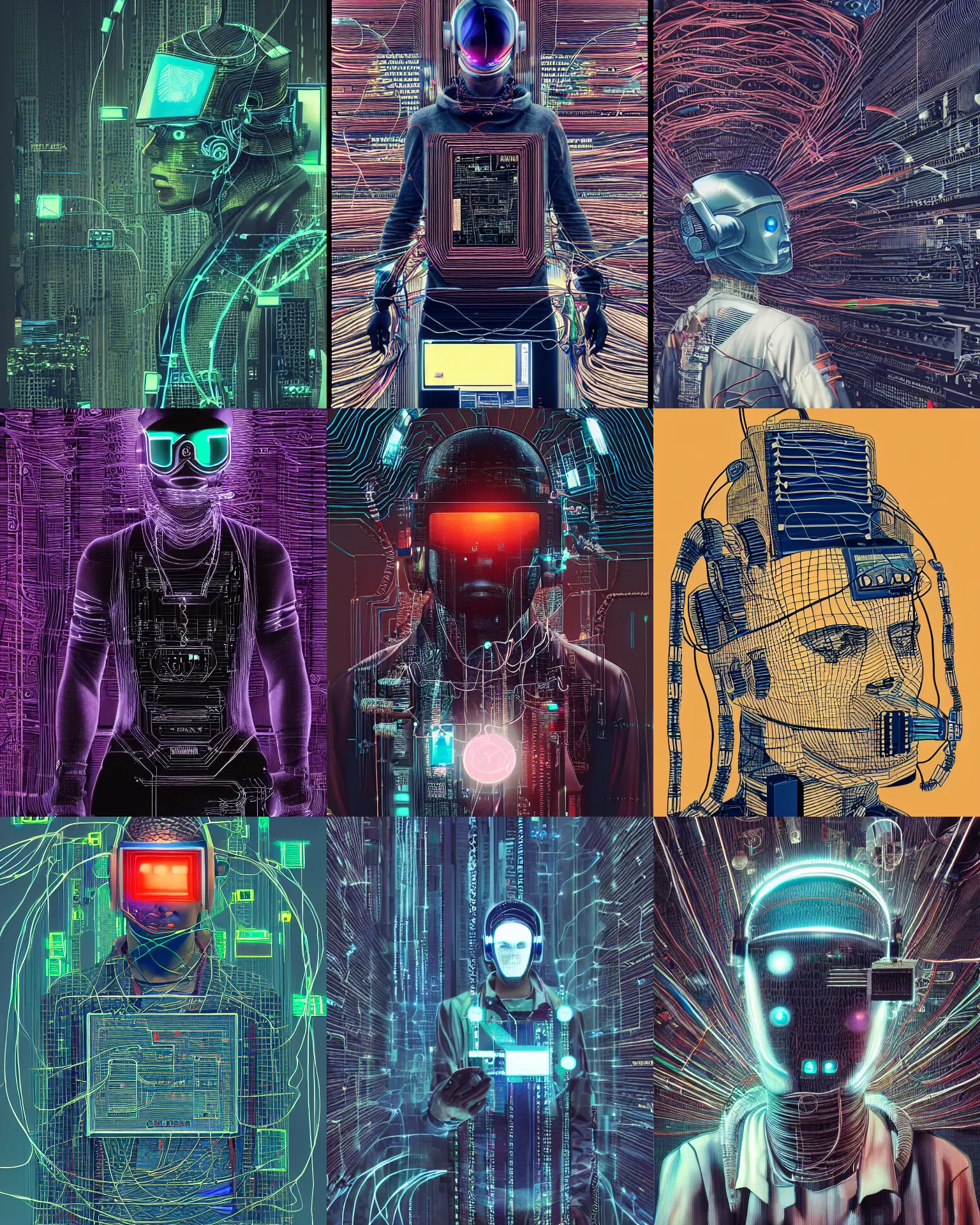 Prompt: a man wearing a computer helmet with many wires coming out of it, cyberpunk art by Moebius, behance contest winner, panfuturism, darksynth, circuitry, greeble
