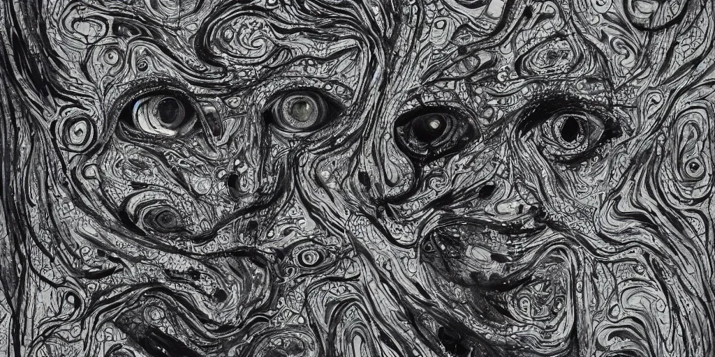 Image similar to camo of eyes, technical, acrylic, teeth, eerie, tribal, clay, dots, lines, stipple, points, grid, cybernetic, old painting, francis bacon art, swirly eyes, hypnosis, eerie, terror, oil, neon, black and white, splotches