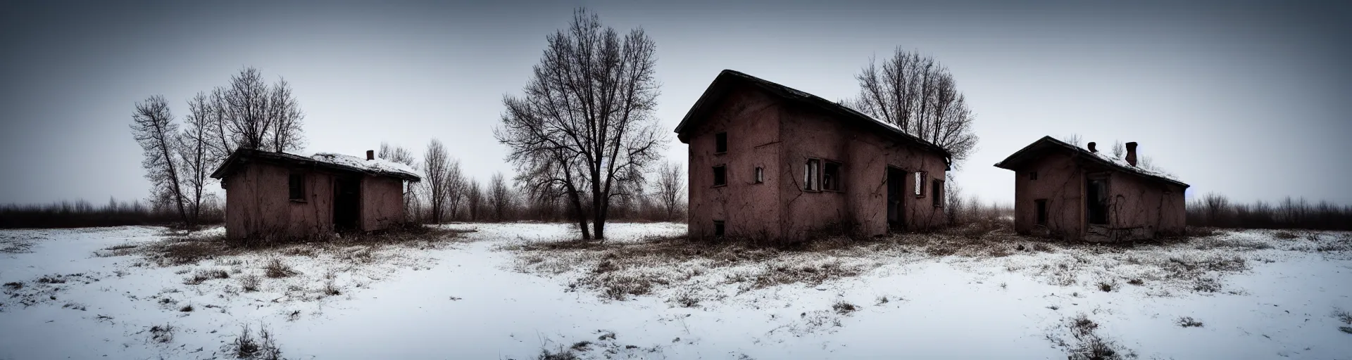 Image similar to landscape, lonely soviet house, abandoned, lifeless, winter, mud, atmospheric, mystical, very detailed 4 k