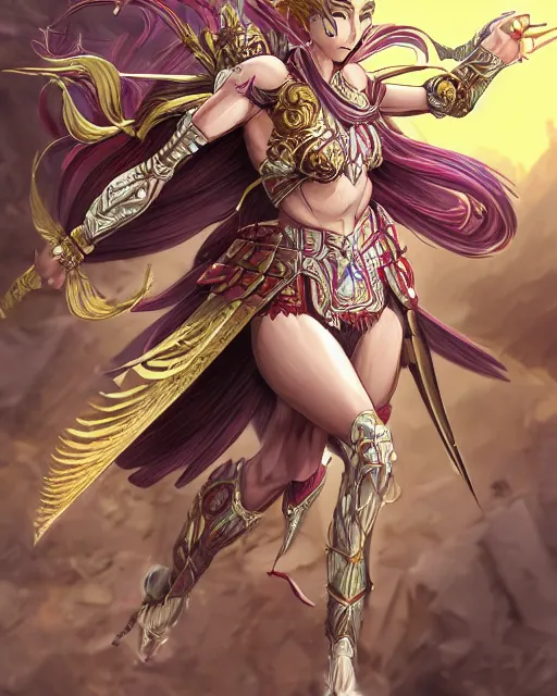 Image similar to A beautiful female warrior running, D&D, beautiful face, highly detailed face, fantasy art, female art, in the style of masami kurumada, illustration, epic, fantasy, intricate, hyper detailed, artstation, concept art, smooth, sharp focus, ray tracing