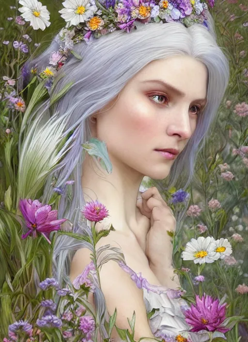 Image similar to highly detailed ilustration of a beautiful white haired woman as a fairy princess in a garden holding a bunch of wild flowers, deep focus, d & d, fantasy, intricate, elegant, highly detailed, digital painting, artstation, concept art, matte, sharp focus, illustration, hearthstone, art by artgerm and greg rutkowski and alphonse mucha