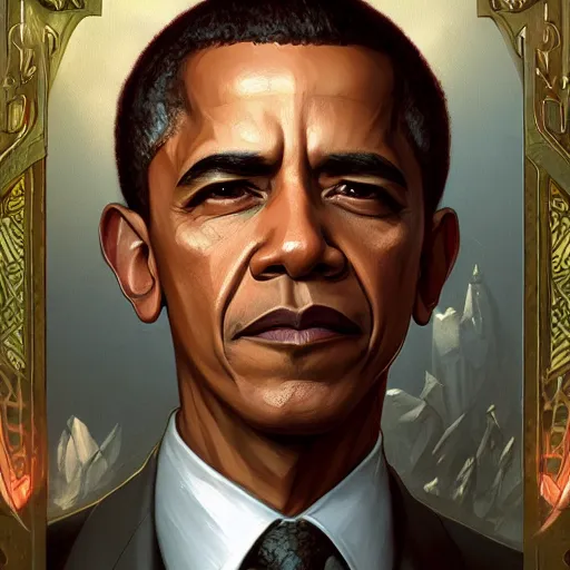 Image similar to barrack obama, d & d, fantasy, intricate, elegant, highly detailed, digital painting, artstation, concept art, matte, sharp focus, illustration, hearthstone, art by artgerm, art by greg rutkowski, art by alphonse mucha