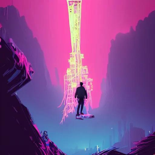 Prompt: comic book art of a [ man ] in trenchcoat with ( glowing ) crossing a [ old ] [ rope ] bridge in a [ jungle ] looking up at a [ mountain ] made of crystalized pink rock, a [ glowing tower ] extends into the sky, low angle, artstation illustration, elegant, cyberpunk, volumetric fog, arcane by tim doyle