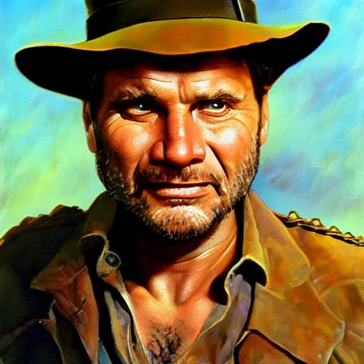 Image similar to bobcat goldthwait as indiana jones painting by frank frazetta, highly detailed, high quality, 8 k, realistic face, path traced