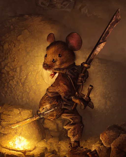 Image similar to oil painting of poor anthropomorphized mouse miner mining gold, pickaxe, close shot, full body, dark steampunk mine shaft background, sharp focus, fantasy style, octane render, volumetric lighting, 8k high definition, by greg rutkowski, highly detailed, trending on art Station, dungeons and dragons artwork, centered