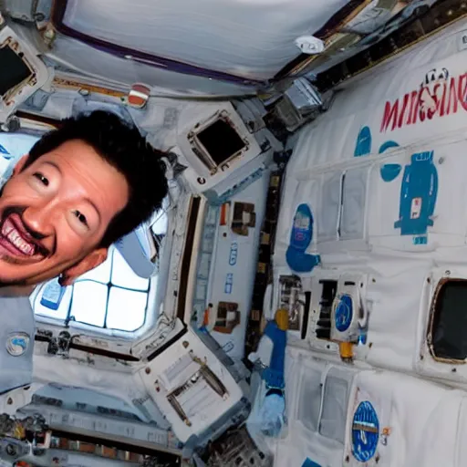 Image similar to Evil Markiplier looking out of the window of the International Space station with a smile on his face. Devilish markiplier pixashot instant camera space imagery with markiplier. Photograph from Nasa, complementary of the International Space Station.