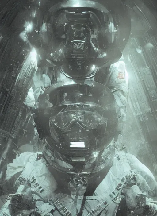Image similar to astronauts in dark and empty void underwater - complex and hyperdetailed technical suit. reflection and dispersion materials. rays and dispersion of light. volumetric light. 5 0 mm, f / 3 2. noise film photo. flash photography. ultra realistic, wide angle. poster by wayne barlowe, hajime sorayama aaron horkey, craig mullins