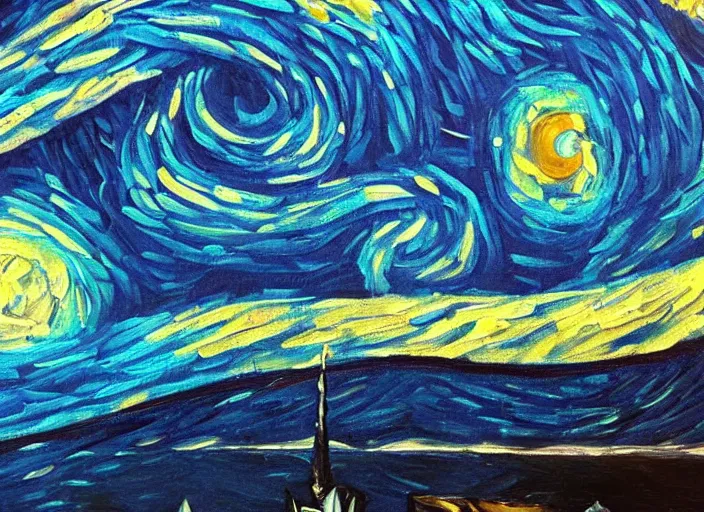 Image similar to close up still, starry night and a sea, beautiful!!!!!!!!! oil painting, trending on artstation, hd, 4 k, million of likes