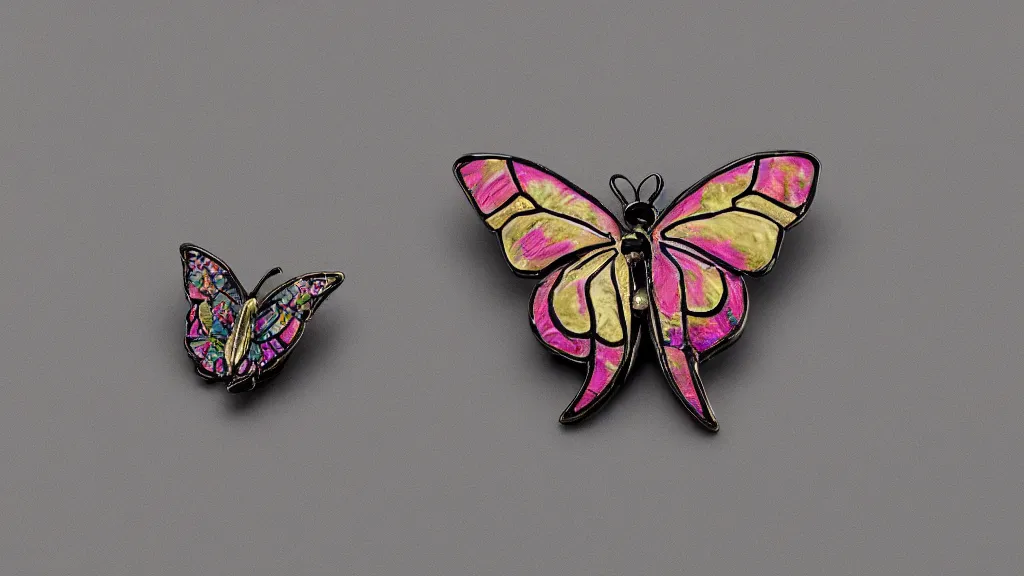 Prompt: a butterfly pin, plique - a - jour