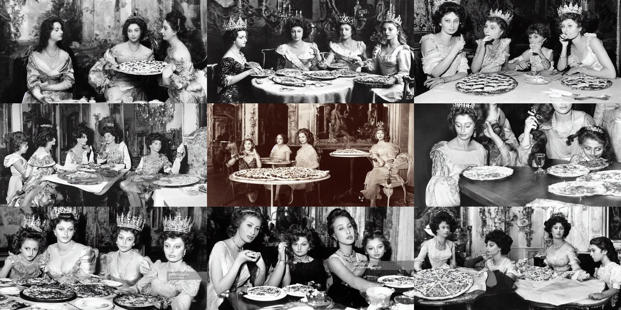 Prompt: a highly detailed photo of ( young beautiful queen margherita of savoy )!!!!, sitting at a ( long table )!!! eating a pizza margherita together with a ( young beautiful sophia loren )!!!!, right angled view, smooth lighting, masterpiece, timeless, genious composition