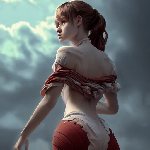 Image similar to a beautiful Cotton Mill Girl, symmetrical, perfect body and face. anatomically accurate, dramatic angle, ornate, details, smooth, sharp focus, illustration, realistic, cinematic, artstation, award winning, rgb , unreal engine, octane render, cinematic light, macro, depth of field, blur, red light and clouds from the back, highly detailed epic cinematic concept art CG render made in Maya, Blender and Photoshop, octane render, excellent composition, dynamic dramatic cinematic lighting, aesthetic, very inspirational, arthouse by Henri Cartier Bresson