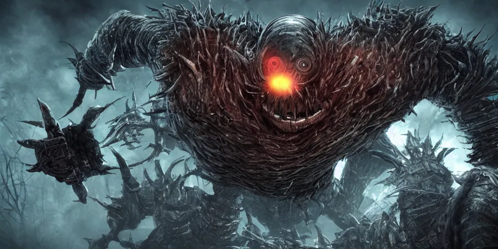 Image similar to minion as a darksouls boss, horror, hd, screenshot,