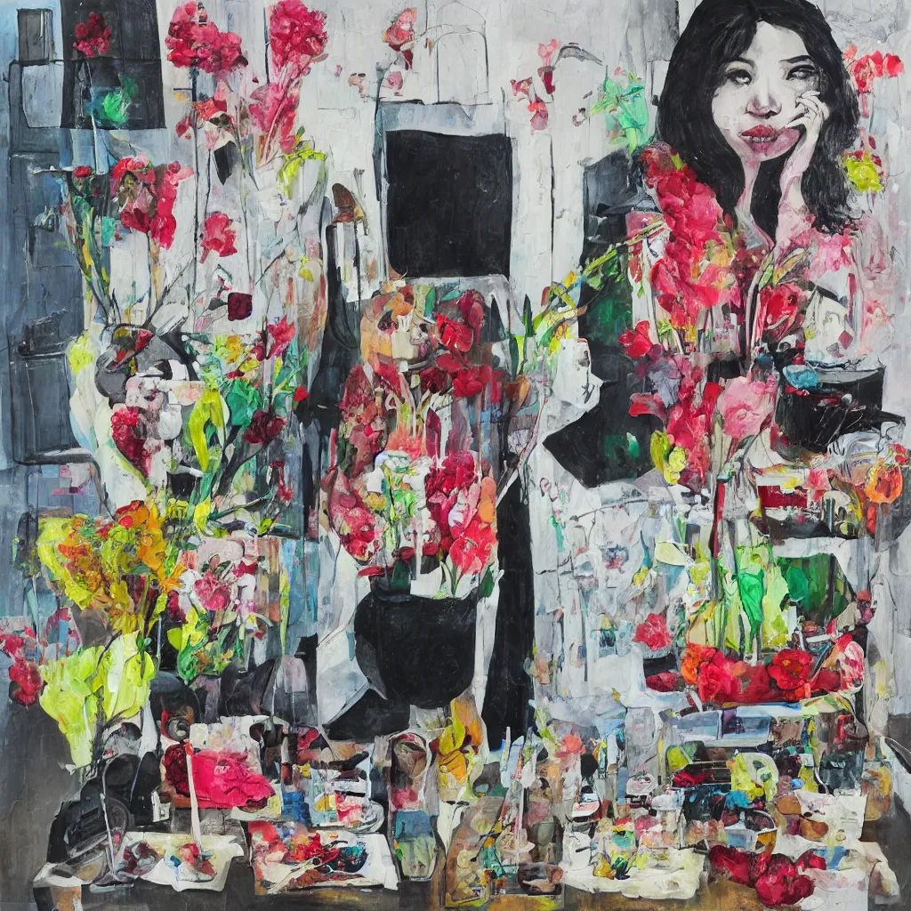 Prompt: “ a portrait in a female art student ’ s apartment, a berry and a big diamond, skyscraper, pork, art supplies, paint tubes, palette knife, pigs, ikebana, weeds, white wax, squashed berries, acrylic and spray paint and oilstick on canvas, surrealism, neoexpressionism ”