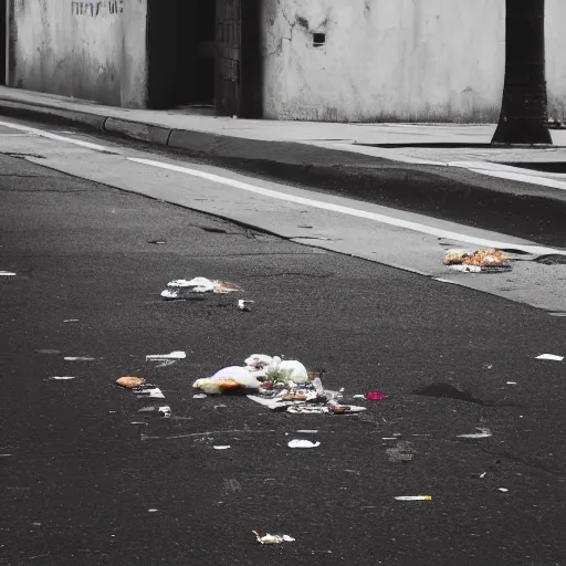 Prompt: beautiful photograph of trash in the street, minimalism, high resolution, 4 k, realist, photograph