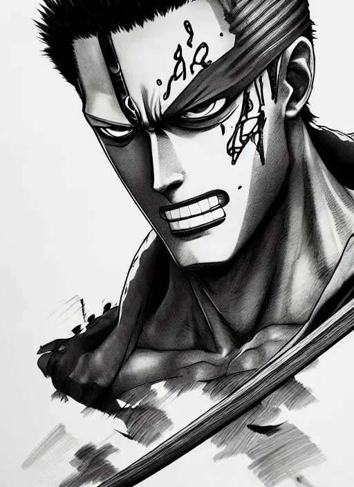 Image similar to portrait of roronoa zoro, one piece, sumi - e style, masterful, intense, ultrafine hyperdetailed illustration, concept art, detailed, intricate linework, art by yoji shinkawa