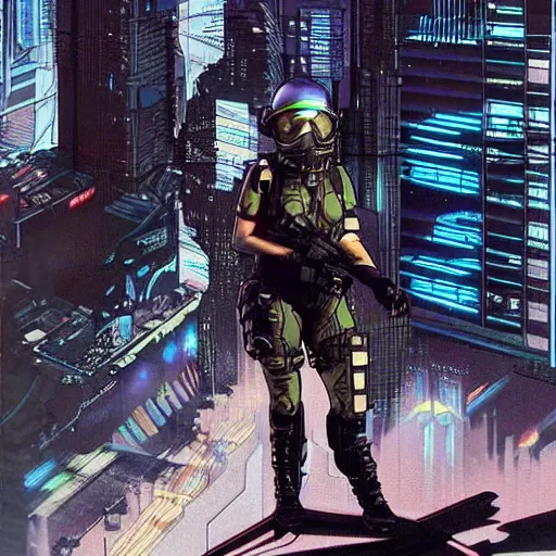 Image similar to Selina. USN special forces futuristic recon operator, cyberpunk military hazmat exo-suit, on patrol in the Australian autonomous zone, deserted city skyline. 2087. Concept art by James Gurney and Alphonso Mucha