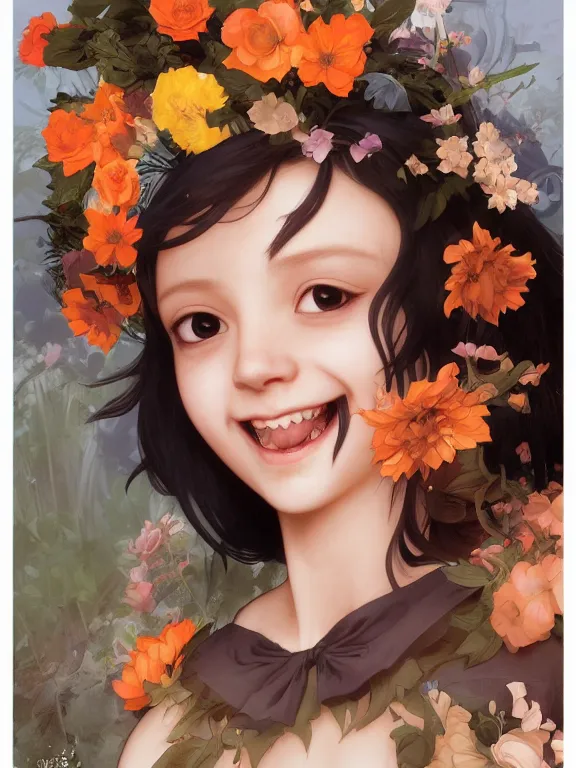 Prompt: Full shot of a cute mischievous young witch about to get up to some trouble. Latin American fashion. Floral patterns. Black and Orange palette. Latina girl. brown skin. defined facial features, symmetrical facial features. Smiling. By Ruan Jia and Artgerm and Range Murata and WLOP and Ross Tran and William-Adolphe Bouguereau. Key Art. Fantasy Illustration. award winning, Artstation, intricate details, realistic, Hyperdetailed, 8k resolution.