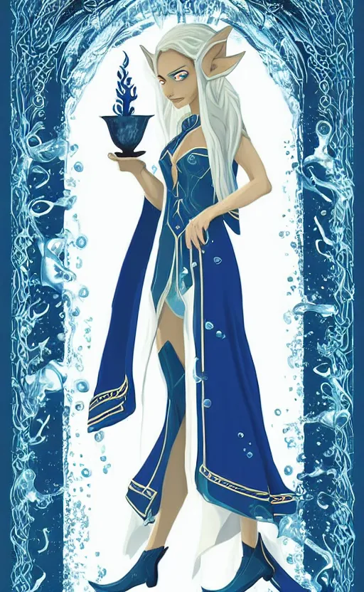 Image similar to elf female sorcerer doing water magic spells, blue robes, exquisite details, full body character design on a white background, by studio muti