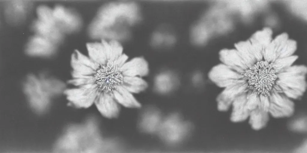 Prompt: close up photography of edelweiss flower, 1. 2 f, 3 5 mm, dark, clouds, 1 9 2 0 s ghost photography