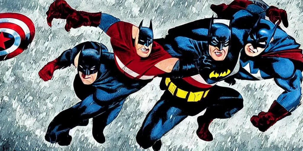 Prompt: a mid shot of batman fighting captain america in hand to hand combat, realistic, raining