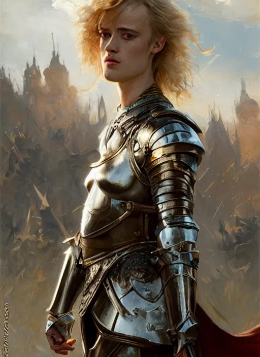 Image similar to short muscular blonde woman wearing realistic medieval armour, mackenzie davis, detailed by gaston bussiere, bayard wu, greg rutkowski, maxim verehin, greg rutkowski, masterpiece, sharp focus, cinematic lightning