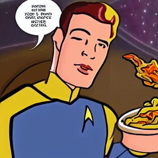 Prompt: star trek engineer!, fighting living giant fries!!!, in space eating them