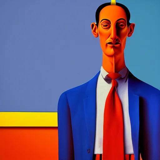 Image similar to ultra realistic portrait ofa man in suit in a studio, ultra detailed, under blue, red and yellow cinematic lighting, salvador dali, cartoon, monument valley, escher