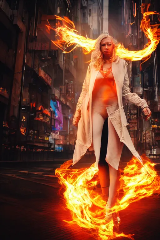 Image similar to young blonde woman with flames dancing on her hands with a long jacket in a cyberpunk city, realistic, high definition, 4K, shimmering color, epic digital art