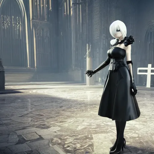 Image similar to 2 b nier automata standing in front of a church, 3 d render, unreal engine, octane render, ray tracing, unity, highly detailed, high quality, hd, 4 k, 8 k, realistic, sharp, trending