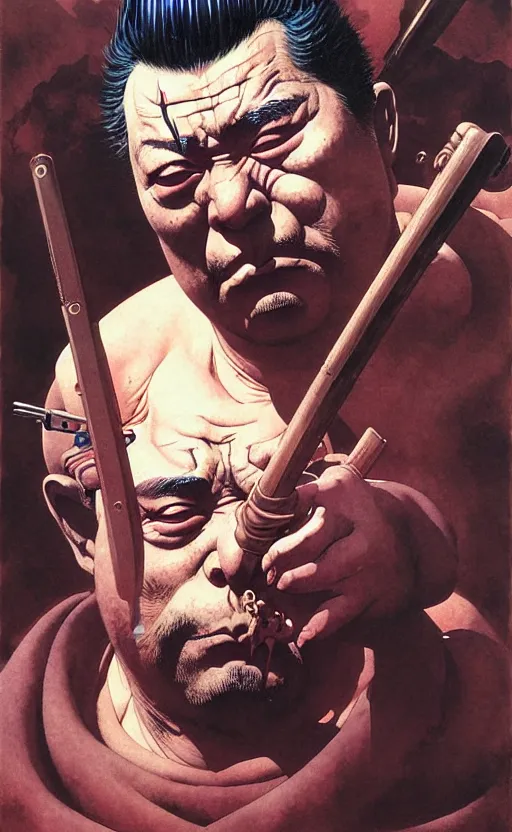 Image similar to portrait of zatoichi in the style of wayne barlowe, gustav moreau, peter mohrbacher, bussiere, roberto ferri, santiago caruso, luis ricardo falero, austin osman spare, boris vallejo, hajime sorayama