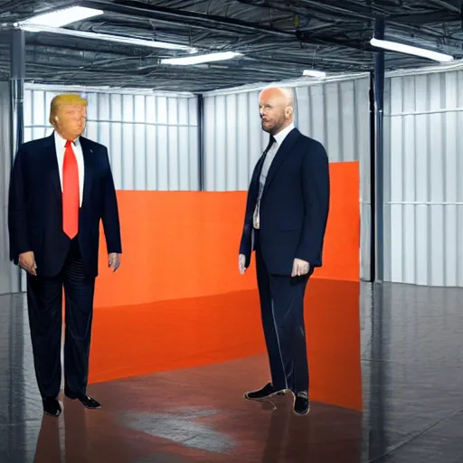 Prompt: a realistic photo of DONALD TRUMP and jason statham standing inside a fabric house. The walls and ceiling are billowing translucent deep orange fabric. The room is finished with contemporary furniture by the campana brothers. The wind is blowing. The space glows with natural light. The fabric is held by thin steel and wood