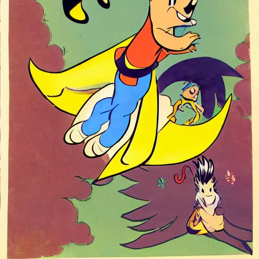 Image similar to a hanna barbera cartoon drawing of miles tails prower flying in the air