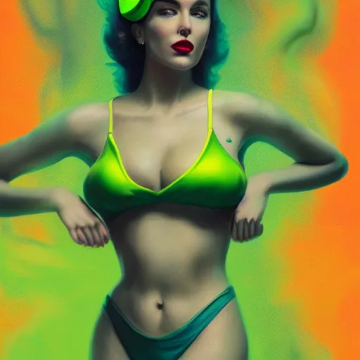 Prompt: portrait of pin up girl in a neon green bikini, visible aura of madness distorting the surroundings, occult details, greg rutkowski style, high quality, 8 k by olivia de berardinis