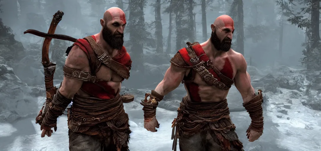 Prompt: still of nathan drake as kratos in god of war ii