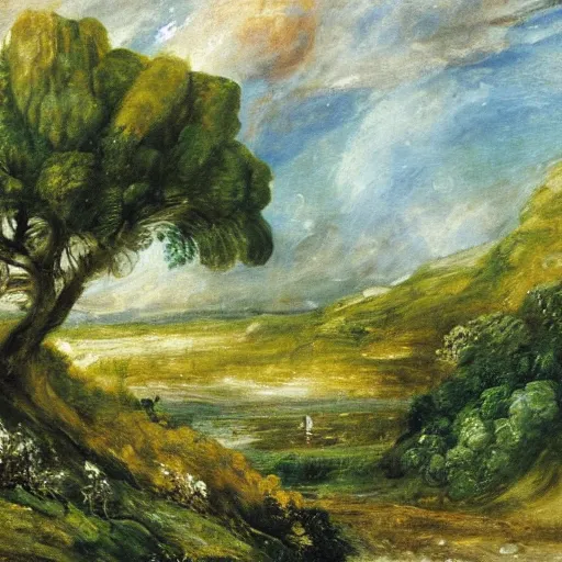 Prompt: detailed painting of a lush natural scene on an alien planet by john constable. beautiful landscape. weird colourful vegetation. cliffs and water.