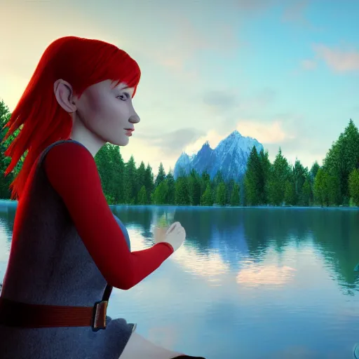 Prompt: redhead elf sitting next to a beautiful lake at dawn, , 8k ultra realistic, award winning, unreal engine 5, masterpiece