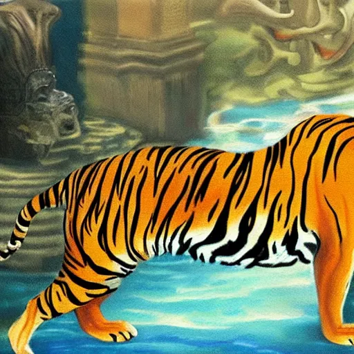 Image similar to a painting of a tiger discovering the lost city of atlantis