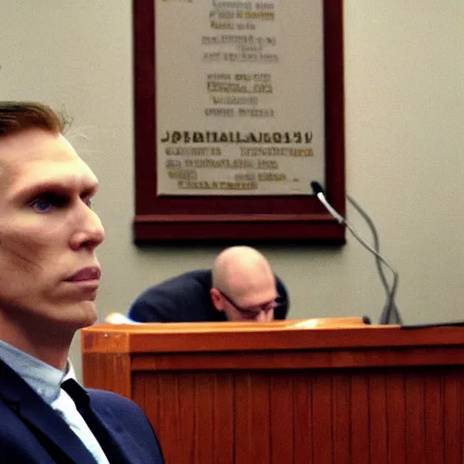 Prompt: jerma 9 8 5, still image of jerma 9 8 5 on trial, courtroom photo, courtroom interior background, detailed face