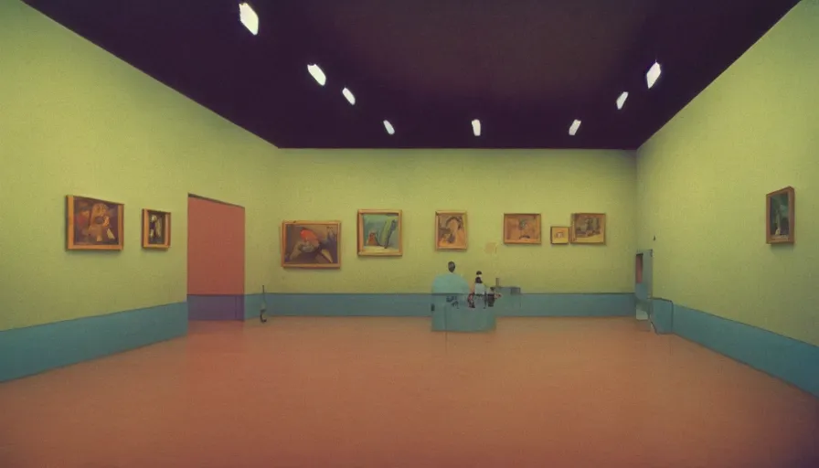 Image similar to 60s movie still of a sovietic stalinist style empty art museum with a soviet congress with yellow wall, LOMOGRAPHY LOMOCHROME TURQUOISE XR 100-400 (35MM), liminal Space style, heavy grain