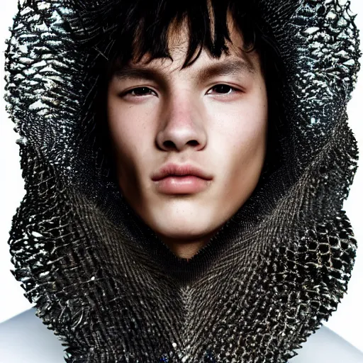 Image similar to a portrait of a beautiful young male wearing an alexander mcqueen armor made of fish scales , photographed by andrew thomas huang, artistic