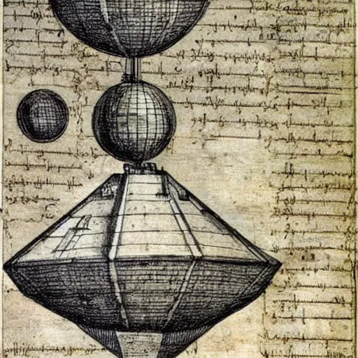 Image similar to vintage, detailed, colored sketch of ufo construction, all parts, with full descriptions, on old parchment, by leonardo da vinci!