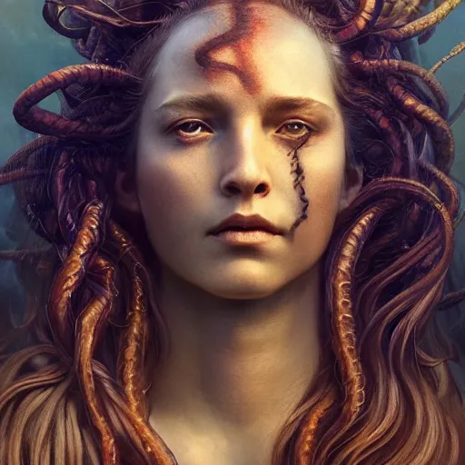 Image similar to Mythical petrifying Medusa portrait, atmospheric lighting, painted, intricate, volumetric lighting, beautiful, rich deep colors masterpiece, golden hour, sharp focus, ultra detailed, by Leesha Hannigan, Ross Tran, Thierry Doizon, Kai Carpenter,Ignacio Fernández Ríos