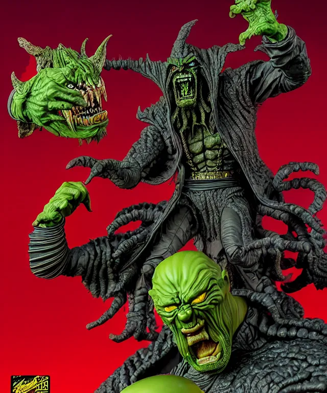 Prompt: a hyperrealistic rendering of an epic boss fight against an ornate supreme dark overlord by art of skinner and richard corben, product photography, collectible action figure, sofubi