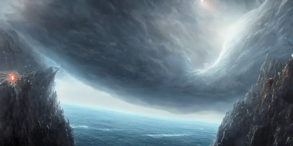 Image similar to the edge of the world ends with a cliff to space, High fantasy, Cinematic Matte Painting, Insanely Detailed, Award Winning, Trending on Artstation, 8k, UHD