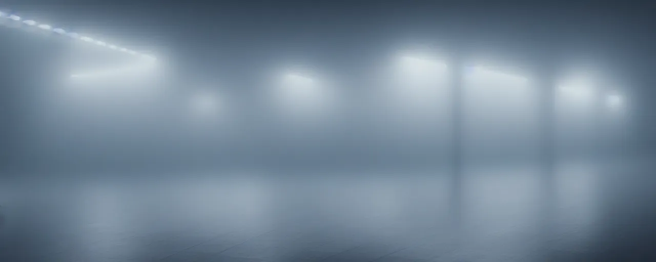 Image similar to An empty liminal space, foggy, neon light, empty room, infinite, moody lighting, scary creatures behind the fog, cinematic, octane render