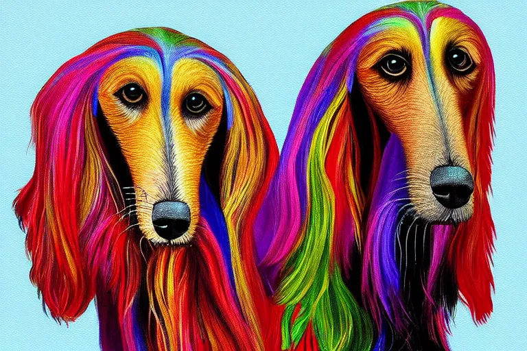 Image similar to a painting of a afghan hound portrait, in the style of artur bordalo, digital art, muted colors