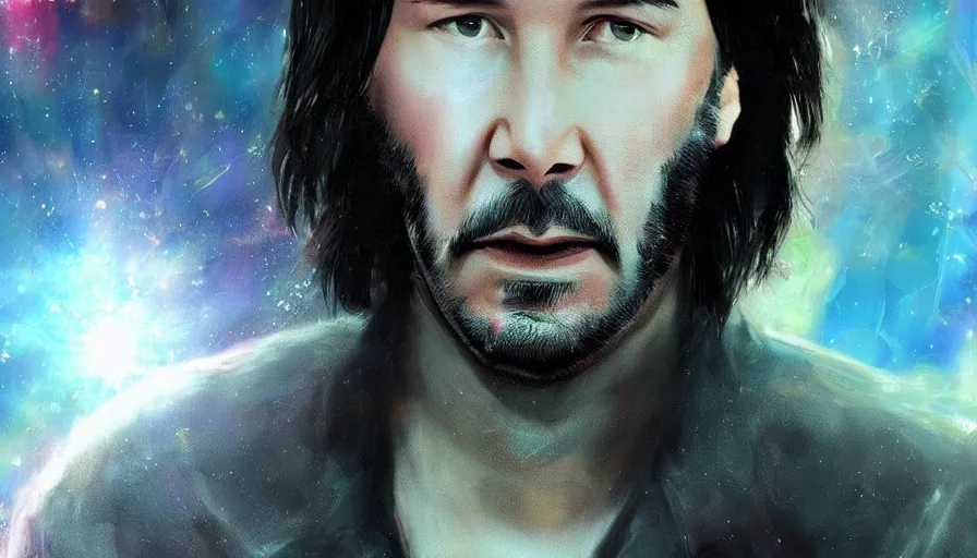 Image similar to Keanu reeves floating in space with a distressed look on his face, digital art, artstation, artgem