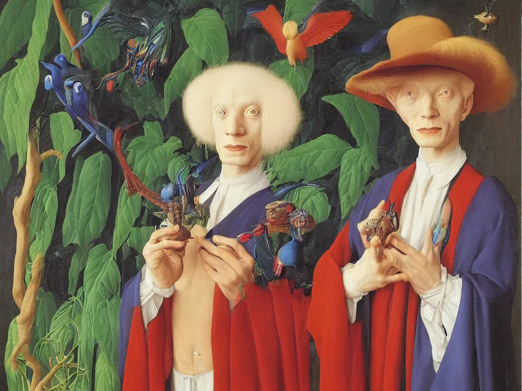 Prompt: Portrait of albino mystic with blue eyes, with beautiful exotic Blepharopsis mendica. Painting by Jan van Eyck, Audubon, Rene Magritte, Agnes Pelton, Max Ernst, Walton Ford